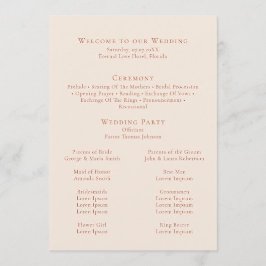 Elegante minimalistische terracotta monogram bruil programmakaart (Achterkant)