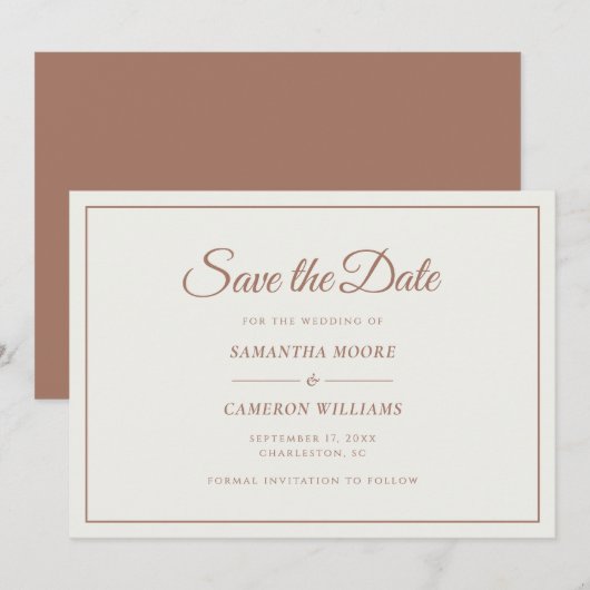 Elegante minimalistische trouwcrème & Mocha Brown Save The Date (Voorkant / Achterkant)