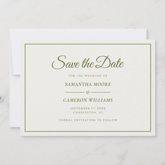 Elegante minimalistische trouwcrème & olijfgroen save the date (Voorkant)
