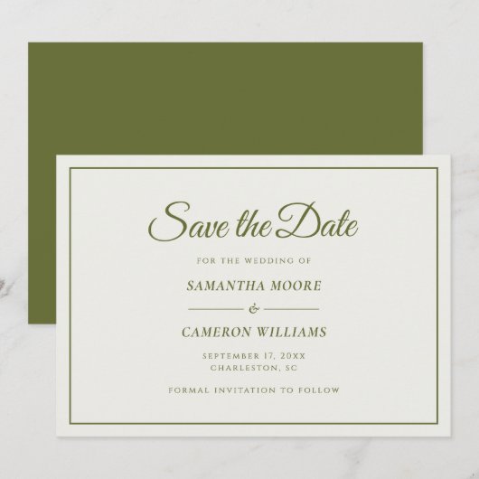 Elegante minimalistische trouwcrème & olijfgroen save the date (Voorkant / Achterkant)