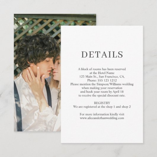Elegante minimalistische trouwdetails Foto Informatiekaartje (Voorkant / Achterkant)