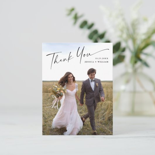 Elegante minimalistische trouwfoto bedankt briefkaart (Staand voorkant)