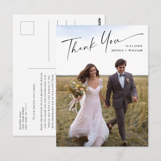 Elegante minimalistische trouwfoto bedankt briefkaart (Voorkant / Achterkant)