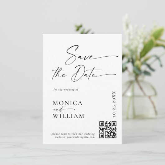 Elegante minimalistische trouwfoto QR-code Save The Date (Staand voorkant)