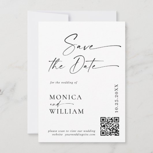 Elegante minimalistische trouwfoto QR-code Save The Date (Voorkant)