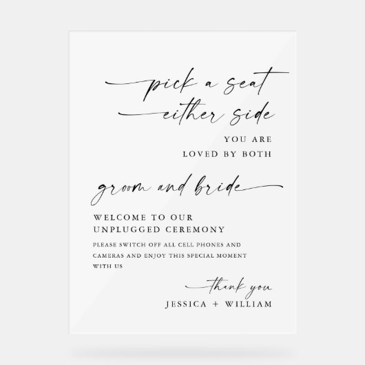 Elegante minimalistische unplugged bruiloft ceremo acryl bord (Voorkant)