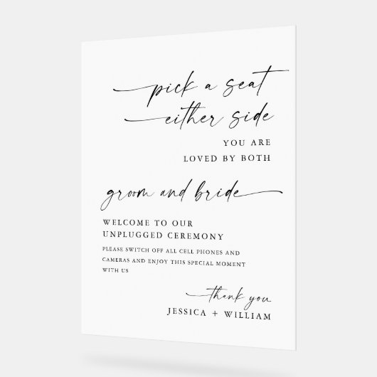 Elegante minimalistische unplugged bruiloft ceremo acryl bord (Hoek)