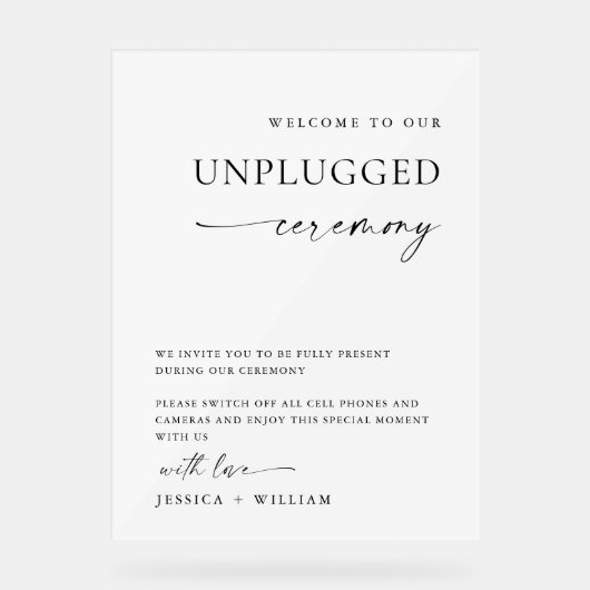 Elegante minimalistische unplugged bruiloft ceremo acryl bord (Voorkant)