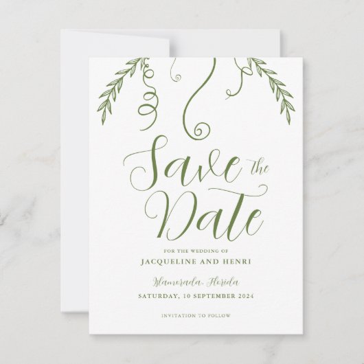 Elegante minimalistische Vine Leaf bruiloft Save The Date (Voorkant)