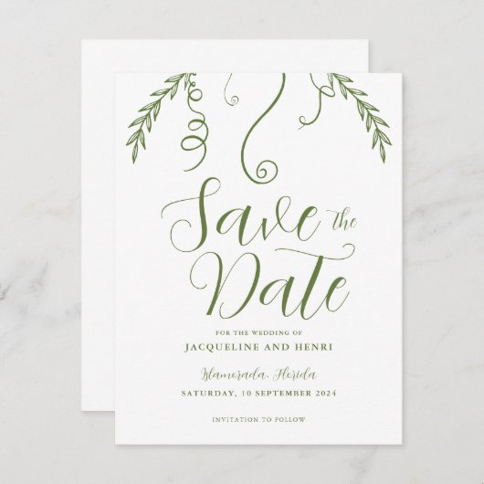 Elegante minimalistische Vine Leaf bruiloft Save The Date (Voorkant / Achterkant)