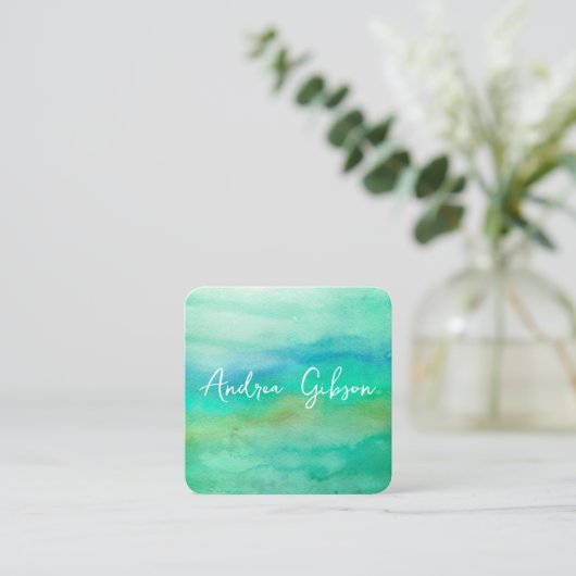 Elegante minimalistische waterverf blauw en blauwg vierkante visitekaartje (Staand voorkant)