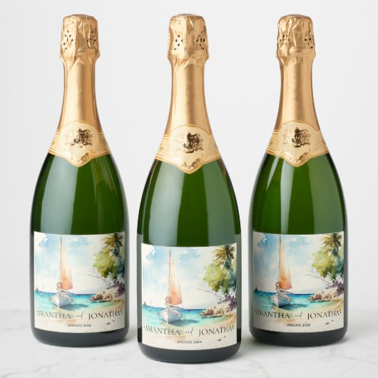 Elegante minimalistische waterverf boot cruise bru sparkling wijnetiket (Flessen)