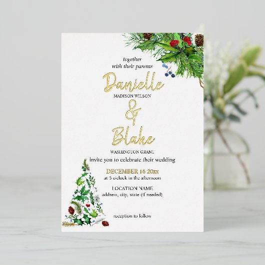 Elegante, minimalistische Waterverf kerstbruiloft Folie Uitnodiging (Staand Voorkant)