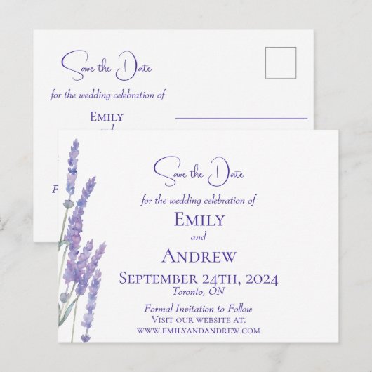 Elegante minimalistische Waterverf Lavendelbloemen Uitnodiging Briefkaart (Voorkant / Achterkant)