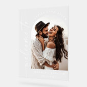 Elegante minimalistische welkom foto bruiloft acryl bord (Hoek)
