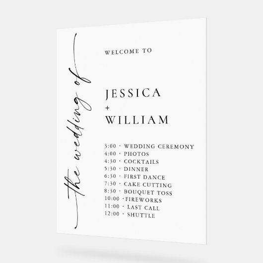 Elegante minimalistische welkom trouwdag tijdlijn acryl bord (Hoek)