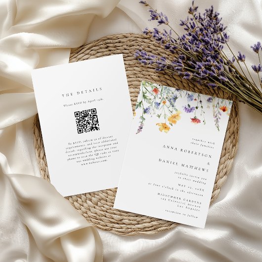 Elegante Minimalistische Wilde Bloem QR Code Trouw Kaart