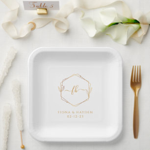 Elegante Minimalistische Witte Gouden Monogram Tro Papieren Bordje