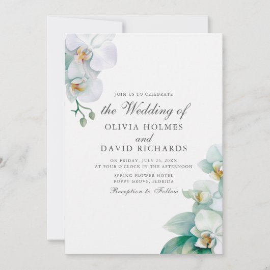 Elegante minimalistische witte orchidee bruiloft kaart (Voorkant)