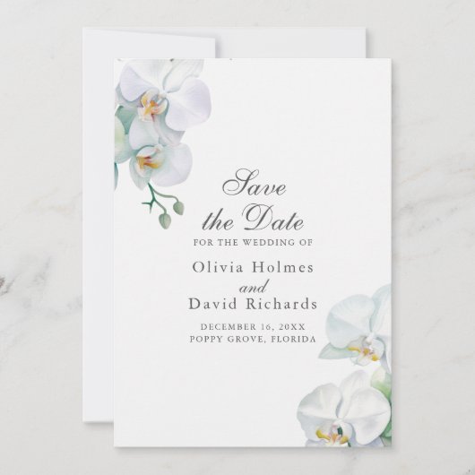 Elegante minimalistische witte orchideeën Save the Date (Voorkant)