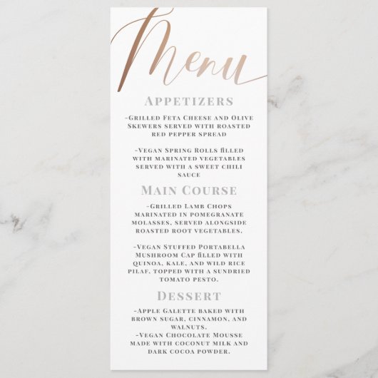 Elegante Minimalistische Witte Roze Gouden Script Menu (Voorkant)