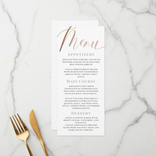 Elegante Minimalistische Witte Roze Gouden Script Menu (Voorkant / Achterkant in situ)