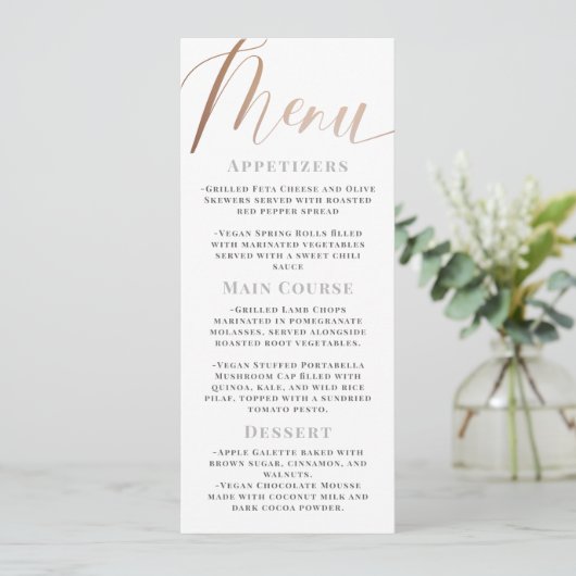Elegante Minimalistische Witte Roze Gouden Script Menu (Staand voorkant)