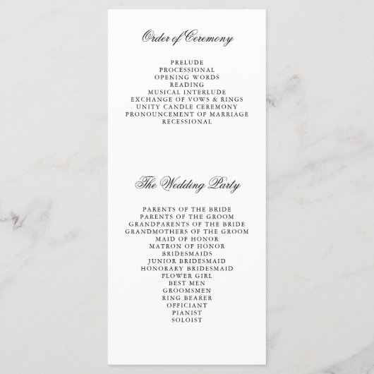 Elegante minimalistische witte trouwprogramma's programmakaart (Achterkant)