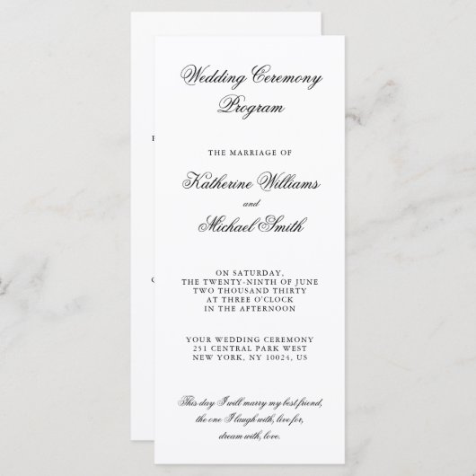 Elegante minimalistische witte trouwprogramma's programmakaart (Voorkant / Achterkant)