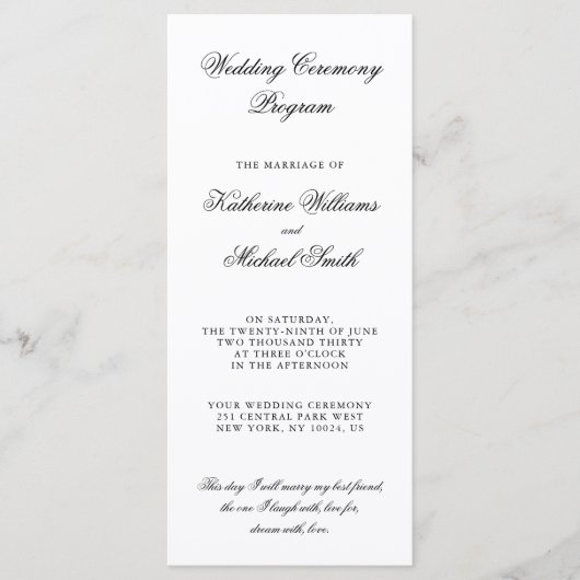 Elegante minimalistische witte trouwprogramma's programmakaart (Voorkant)