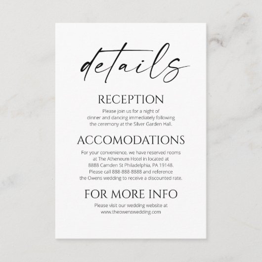 Elegante minimalistische witte zwarte bruiloft det informatiekaartje (Voorkant)
