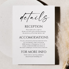 Elegante minimalistische witte zwarte bruiloft det informatiekaartje