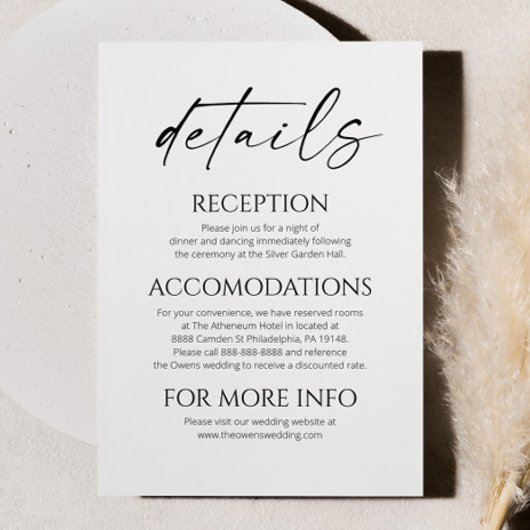 Elegante minimalistische witte zwarte bruiloft det informatiekaartje