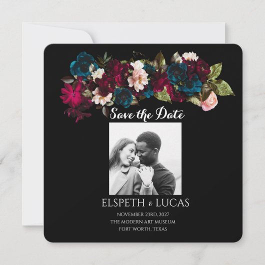 Elegante minimalistische zwart en bloemenbruiloft save the date (Voorkant)