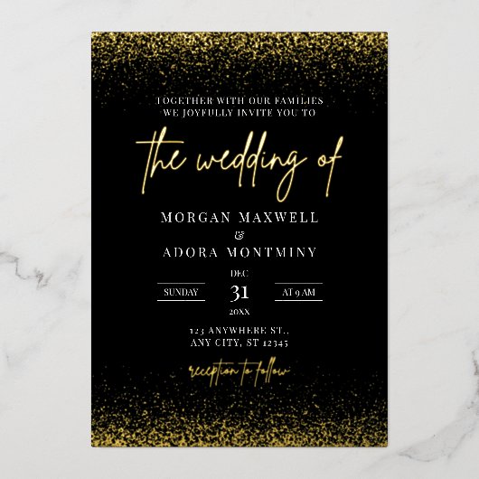 Elegante minimalistische zwart-gouden bruiloft folie uitnodiging (Voorkant)
