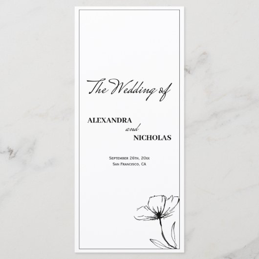 Elegante minimalistische zwart-wit bloemenbruiloft menu (Achterkant)