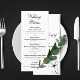 Elegante minimalistische zwart-wit bloemenbruiloft menu