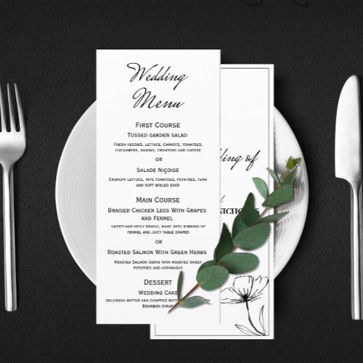 Elegante minimalistische zwart-wit bloemenbruiloft menu