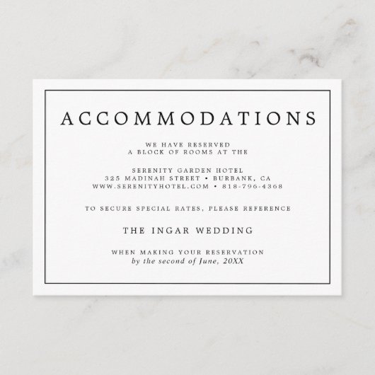 Elegante minimalistische zwart-wit bruiloft detail informatiekaartje (Voorkant)