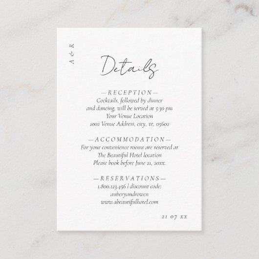 Elegante minimalistische zwart wit bruiloft detail informatiekaartje (Voorkant)