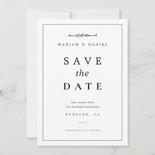 Elegante minimalistische zwart-wit islamitische br save the date (Voorkant)