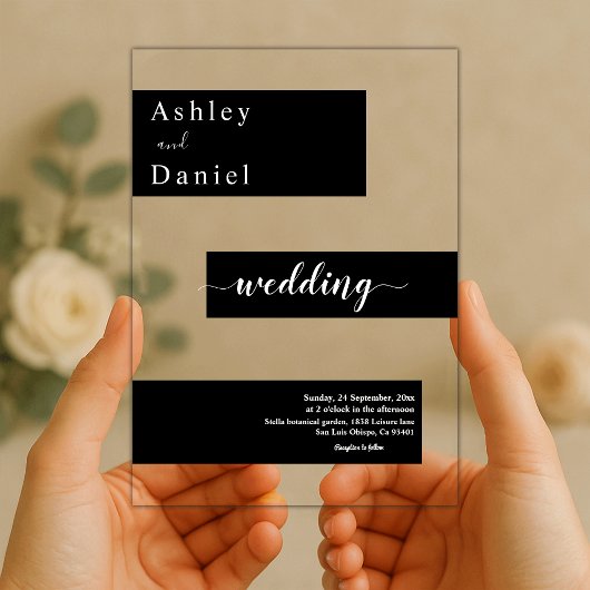 Elegante minimalistische zwart-wit moderne bruilof acryl uitnodigingen