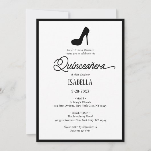 Elegante minimalistische zwart-wit Quinceañera Kaart (Voorkant)