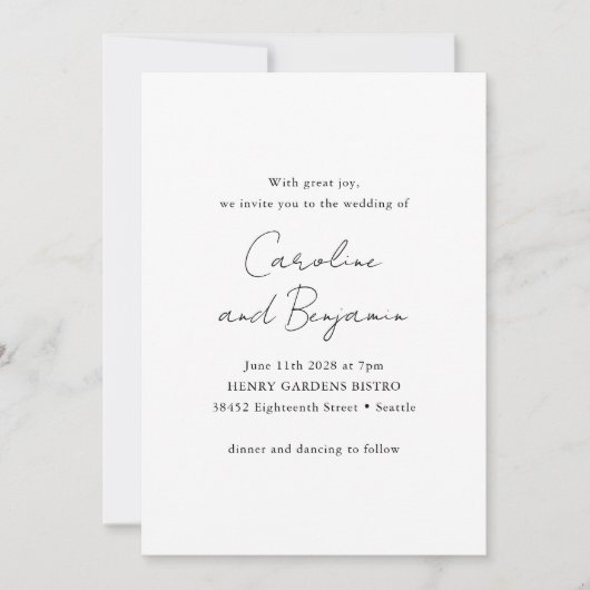 Elegante minimalistische zwart wit script bruiloft kaart (Voorkant)