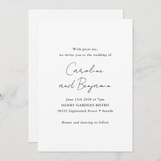 Elegante minimalistische zwart wit script bruiloft kaart (Voorkant / Achterkant)