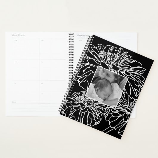Elegante minimalistische zwart-witte bloemtekening planner (Display)