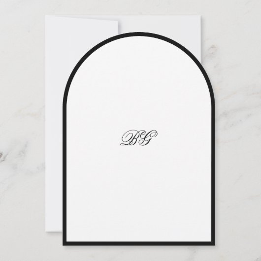Elegante minimalistische zwart witte boog bruiloft kaart (Achterkant)