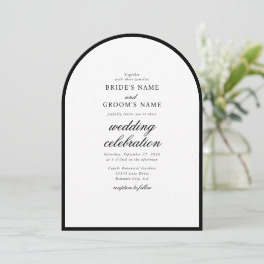Elegante minimalistische zwart witte boog bruiloft kaart (Staand voorkant)