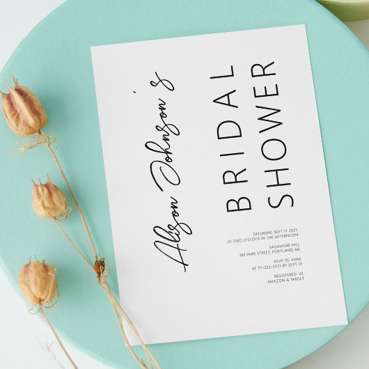 Elegante minimalistische zwarte bruids douche uitn kaart