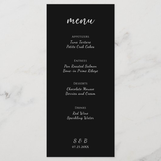 Elegante minimalistische zwarte bruiloft menu (Voorkant)